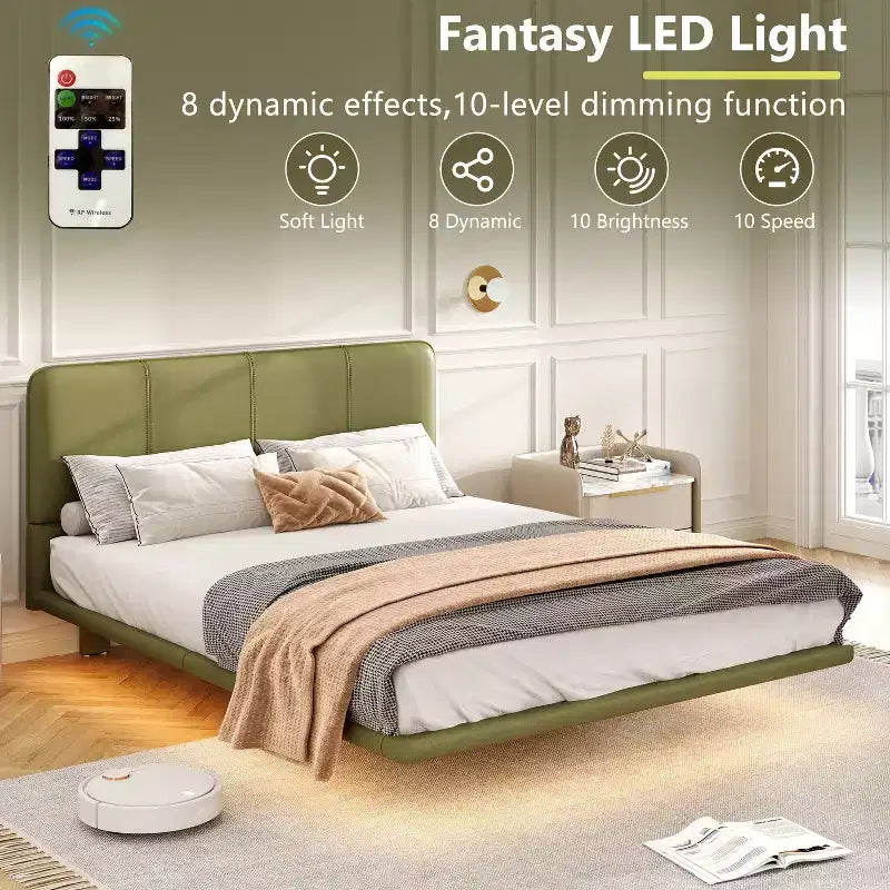 Okak Queen/Full Bedroom Floating Bed Frame with PU Leather Headboard & LED Light,Modern Platform Bed No Box Spring Needed