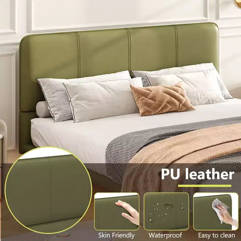 Okak Queen/Full Bedroom Floating Bed Frame with PU Leather Headboard & LED Light,Modern Platform Bed No Box Spring Needed