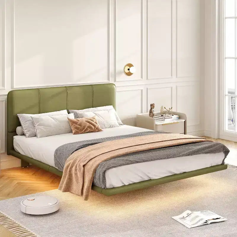 Okak Queen/Full Bedroom Floating Bed Frame with PU Leather Headboard & LED Light,Modern Platform Bed No Box Spring Needed