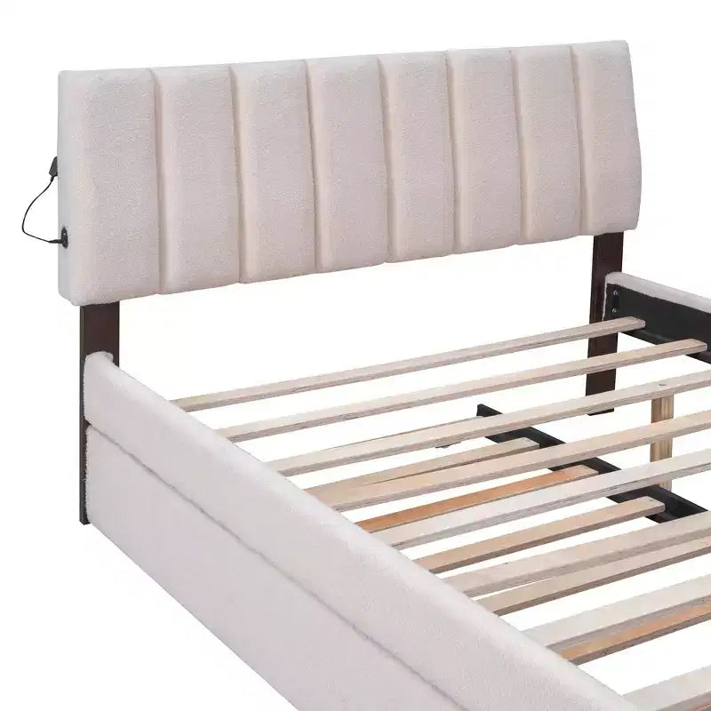 Whisen Twin Size Teddy Fleece Platform Bed with Upholstered, Pull-Out Trundle and Plush Fabric, Easy Assembly