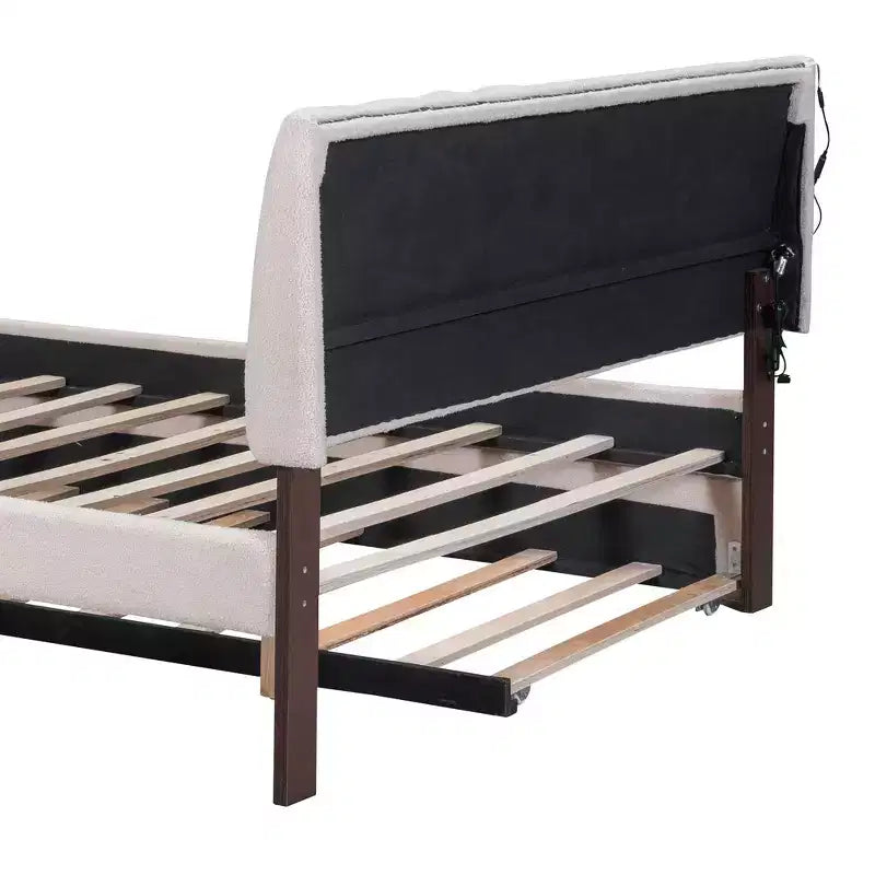 Whisen Twin Size Teddy Fleece Platform Bed with Upholstered, Pull-Out Trundle and Plush Fabric, Easy Assembly