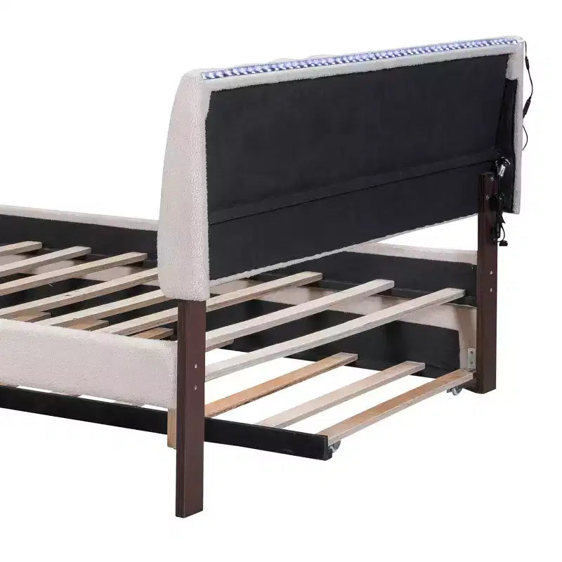 Whisen Twin Size Teddy Fleece Platform Bed with Upholstered, Pull-Out Trundle and Plush Fabric, Easy Assembly
