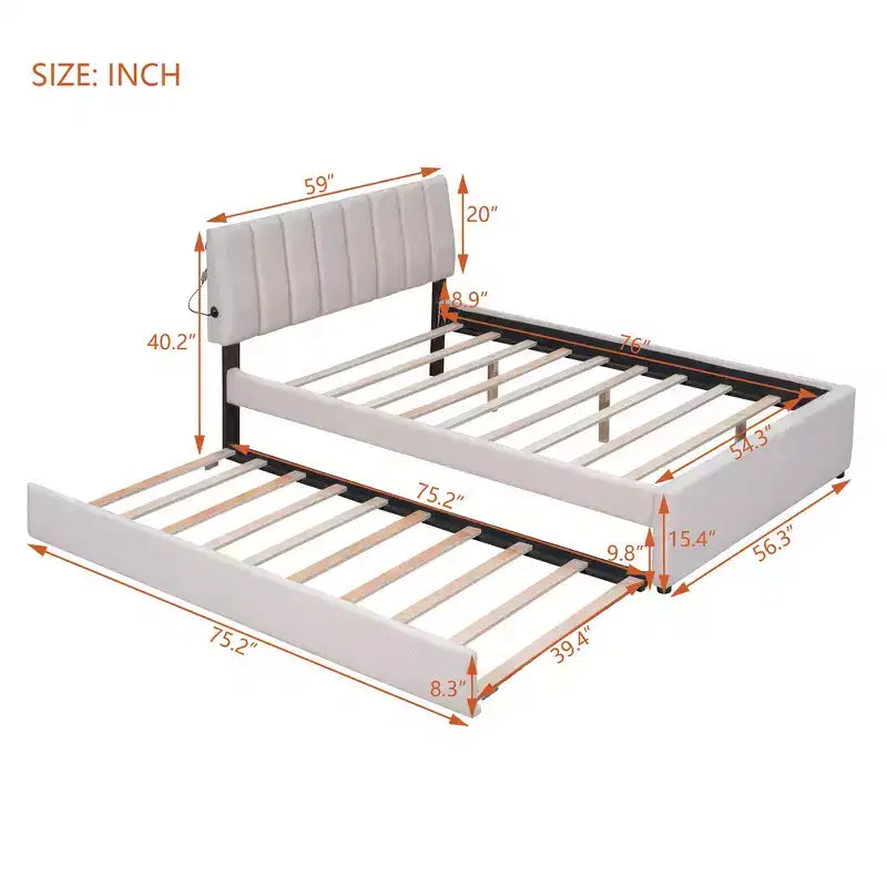 Whisen Twin Size Teddy Fleece Platform Bed with Upholstered, Pull-Out Trundle and Plush Fabric, Easy Assembly