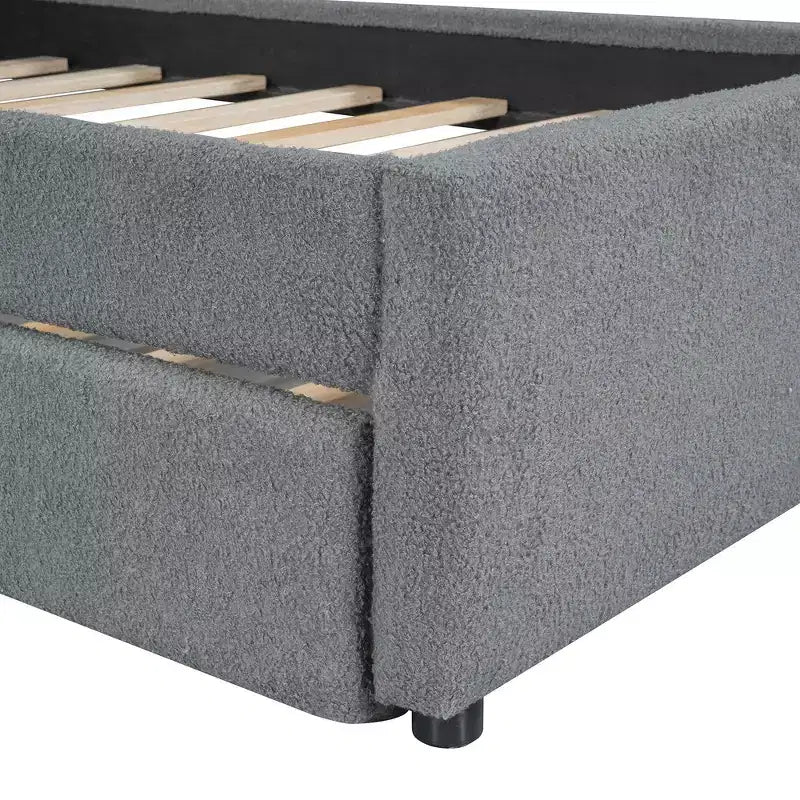 Whisen Twin Size Teddy Fleece Platform Bed with Upholstered, Pull-Out Trundle and Plush Fabric, Easy Assembly