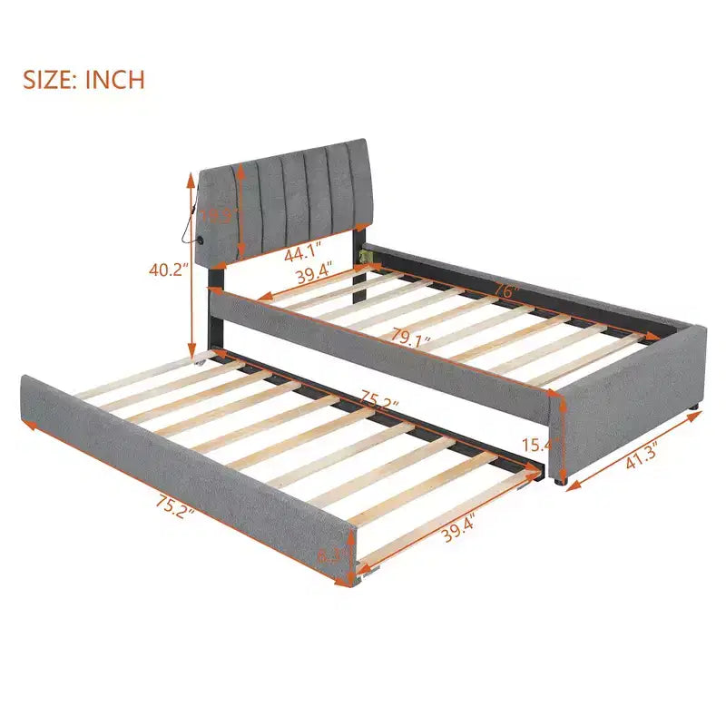Whisen Twin Size Teddy Fleece Platform Bed with Upholstered, Pull-Out Trundle and Plush Fabric, Easy Assembly