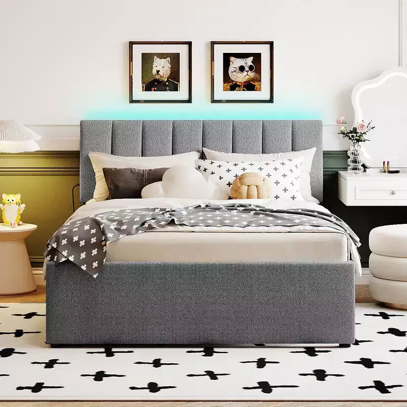 Whisen Twin Size Teddy Fleece Platform Bed with Upholstered, Pull-Out Trundle and Plush Fabric, Easy Assembly