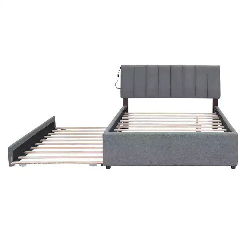 Whisen Twin Size Teddy Fleece Platform Bed with Upholstered, Pull-Out Trundle and Plush Fabric, Easy Assembly