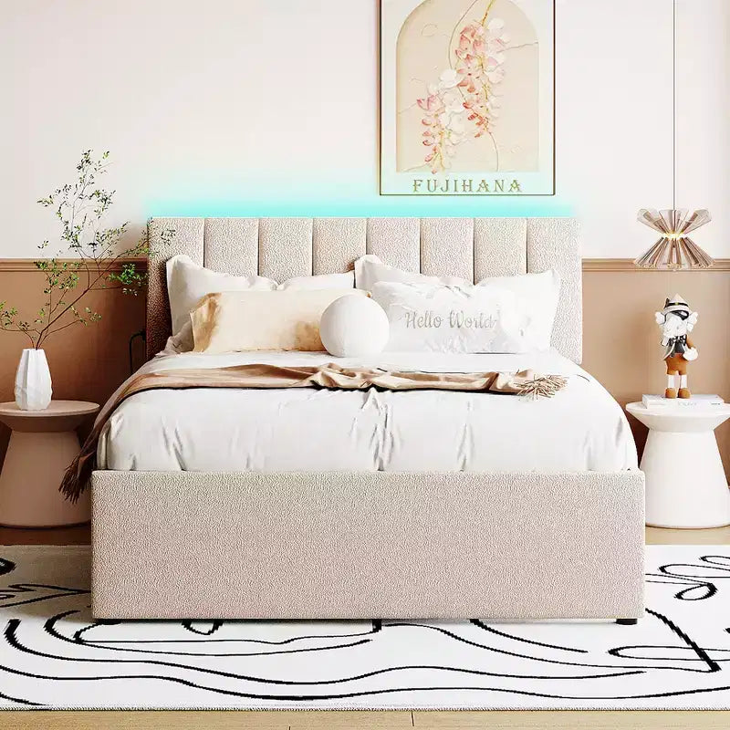 Whisen Twin Size Teddy Fleece Platform Bed with Upholstered, Pull-Out Trundle and Plush Fabric, Easy Assembly