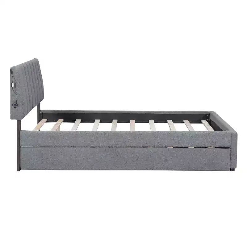 Whisen Twin Size Teddy Fleece Platform Bed with Upholstered, Pull-Out Trundle and Plush Fabric, Easy Assembly