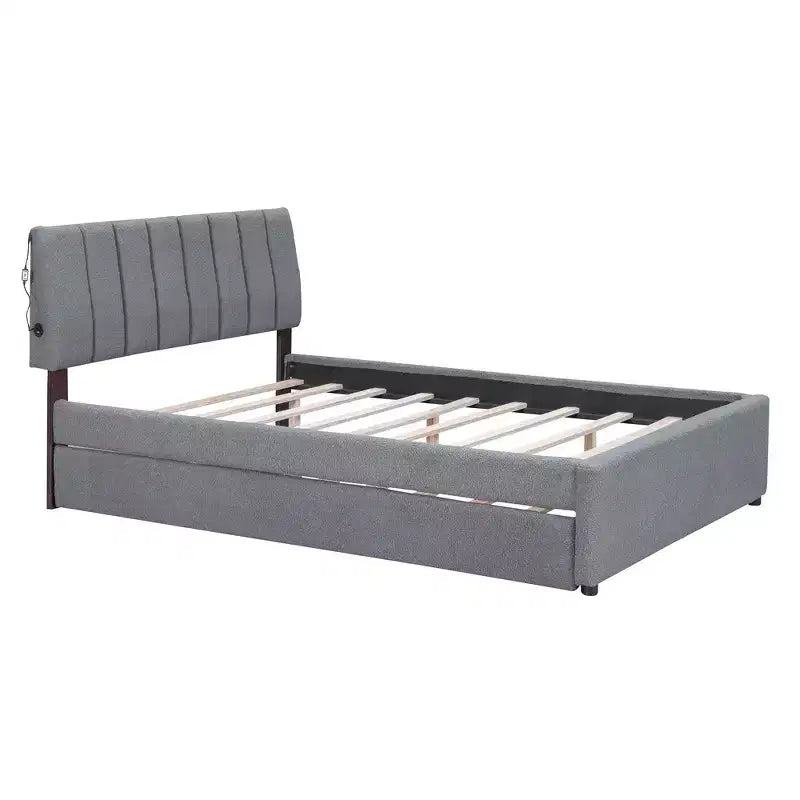 Whisen Twin Size Teddy Fleece Platform Bed with Upholstered, Pull-Out Trundle and Plush Fabric, Easy Assembly