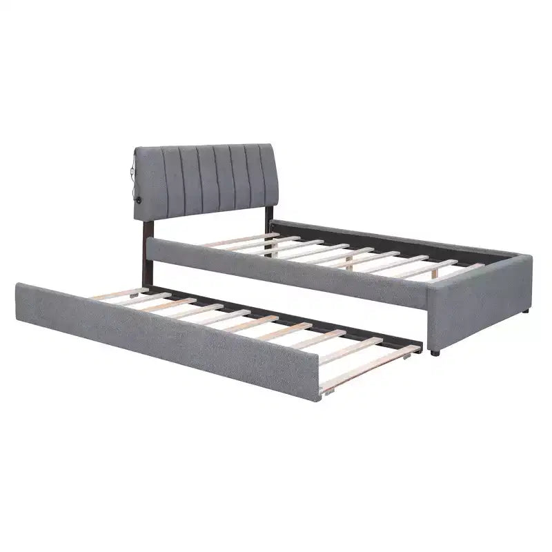 Whisen Twin Size Teddy Fleece Platform Bed with Upholstered, Pull-Out Trundle and Plush Fabric, Easy Assembly
