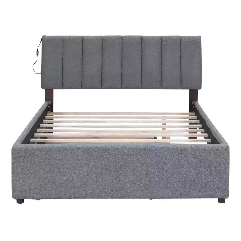 Whisen Twin Size Teddy Fleece Platform Bed with Upholstered, Pull-Out Trundle and Plush Fabric, Easy Assembly