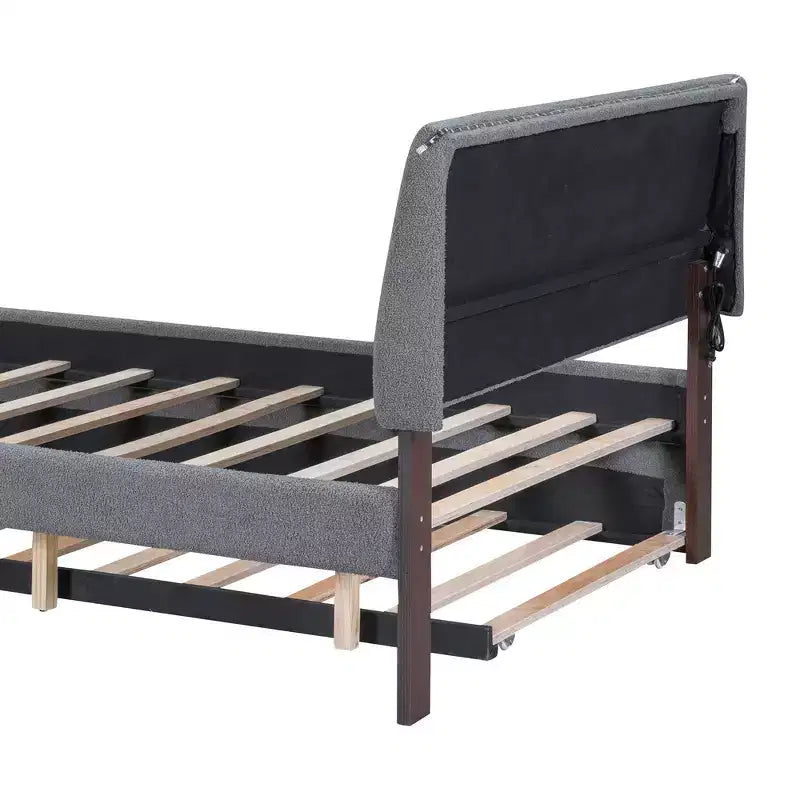 Whisen Twin Size Teddy Fleece Platform Bed with Upholstered, Pull-Out Trundle and Plush Fabric, Easy Assembly