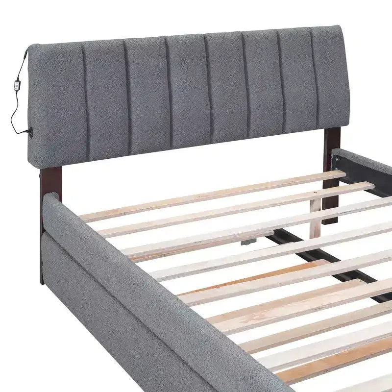 Whisen Twin Size Teddy Fleece Platform Bed with Upholstered, Pull-Out Trundle and Plush Fabric, Easy Assembly