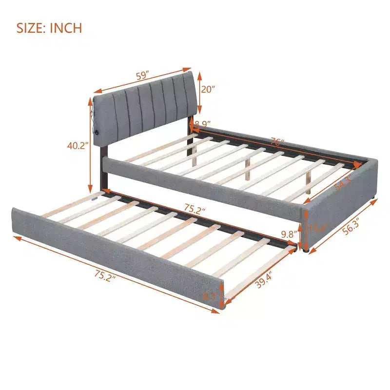 Whisen Twin Size Teddy Fleece Platform Bed with Upholstered, Pull-Out Trundle and Plush Fabric, Easy Assembly