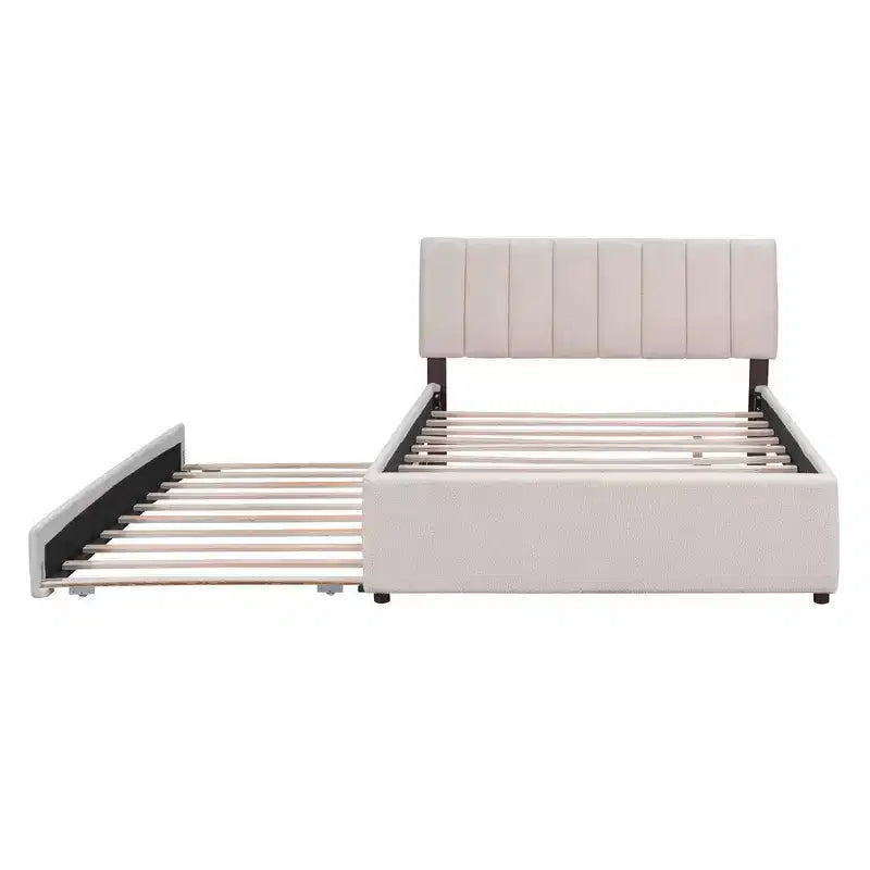 Whisen Twin Size Teddy Fleece Platform Bed with Upholstered, Pull-Out Trundle and Plush Fabric, Easy Assembly