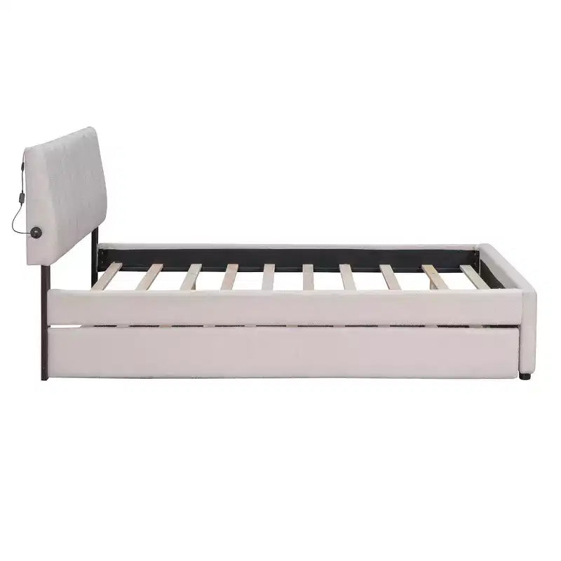 Whisen Twin Size Teddy Fleece Platform Bed with Upholstered, Pull-Out Trundle and Plush Fabric, Easy Assembly