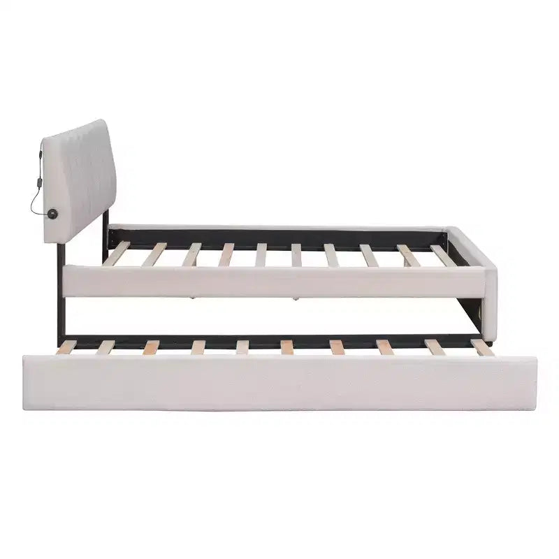 Whisen Twin Size Teddy Fleece Platform Bed with Upholstered, Pull-Out Trundle and Plush Fabric, Easy Assembly