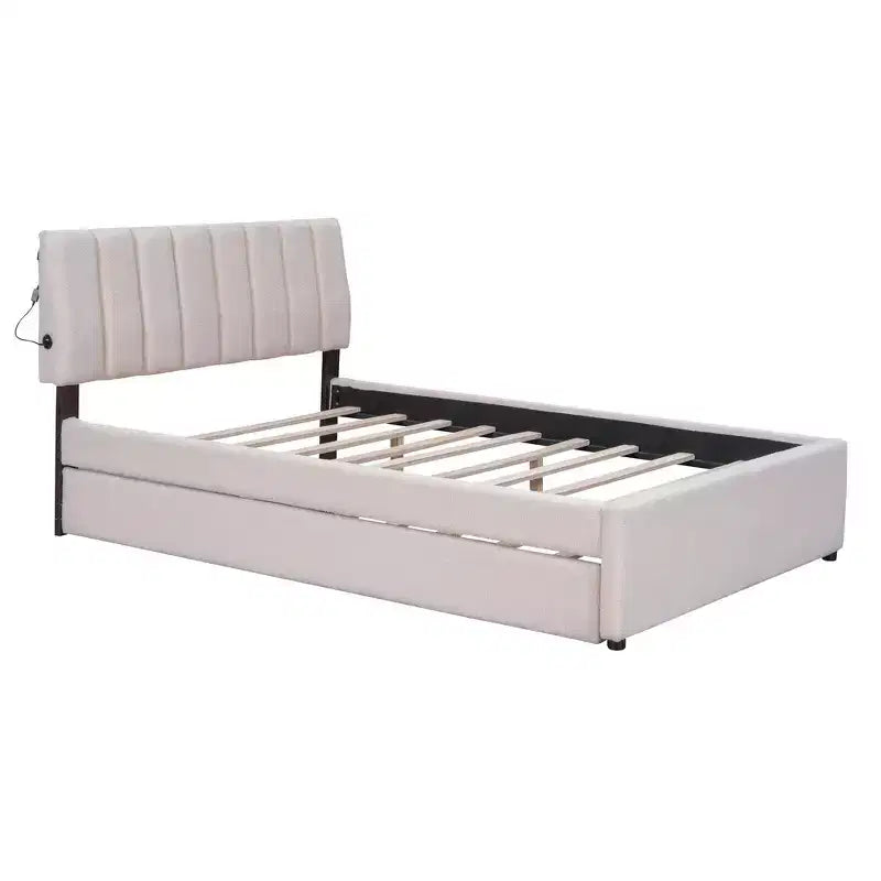 Whisen Twin Size Teddy Fleece Platform Bed with Upholstered, Pull-Out Trundle and Plush Fabric, Easy Assembly