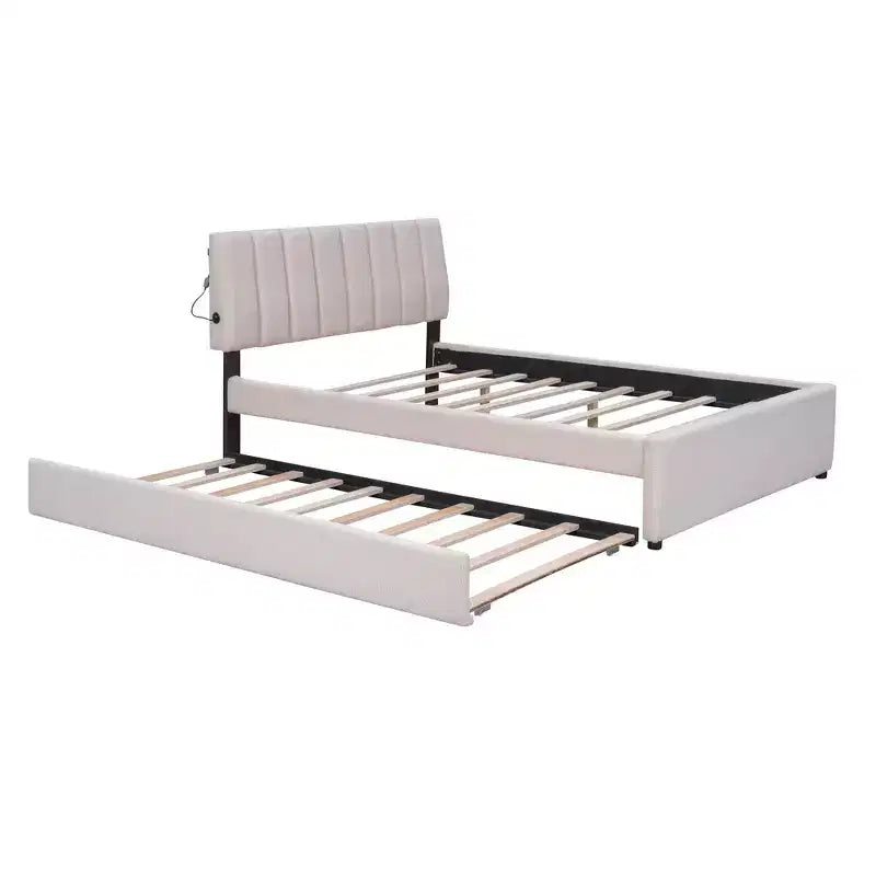 Whisen Twin Size Teddy Fleece Platform Bed with Upholstered, Pull-Out Trundle and Plush Fabric, Easy Assembly