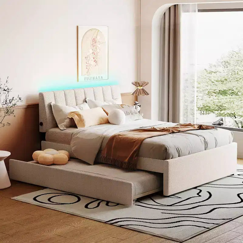 Whisen Twin Size Teddy Fleece Platform Bed with Upholstered, Pull-Out Trundle and Plush Fabric, Easy Assembly