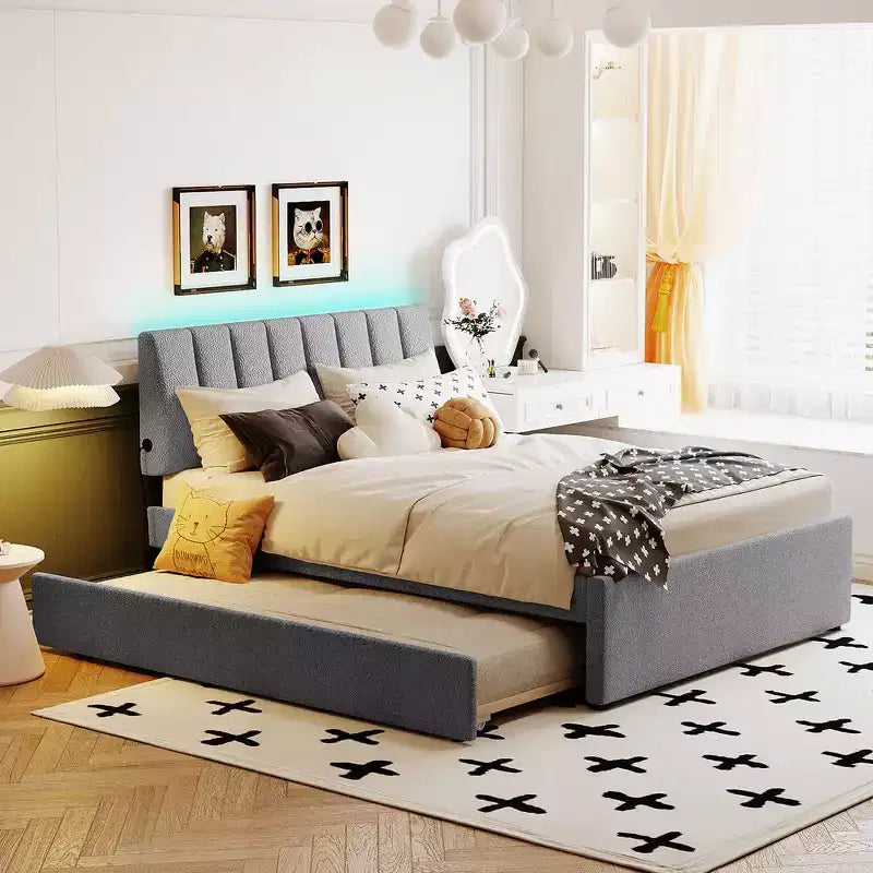Whisen Twin Size Teddy Fleece Platform Bed with Upholstered, Pull-Out Trundle and Plush Fabric, Easy Assembly