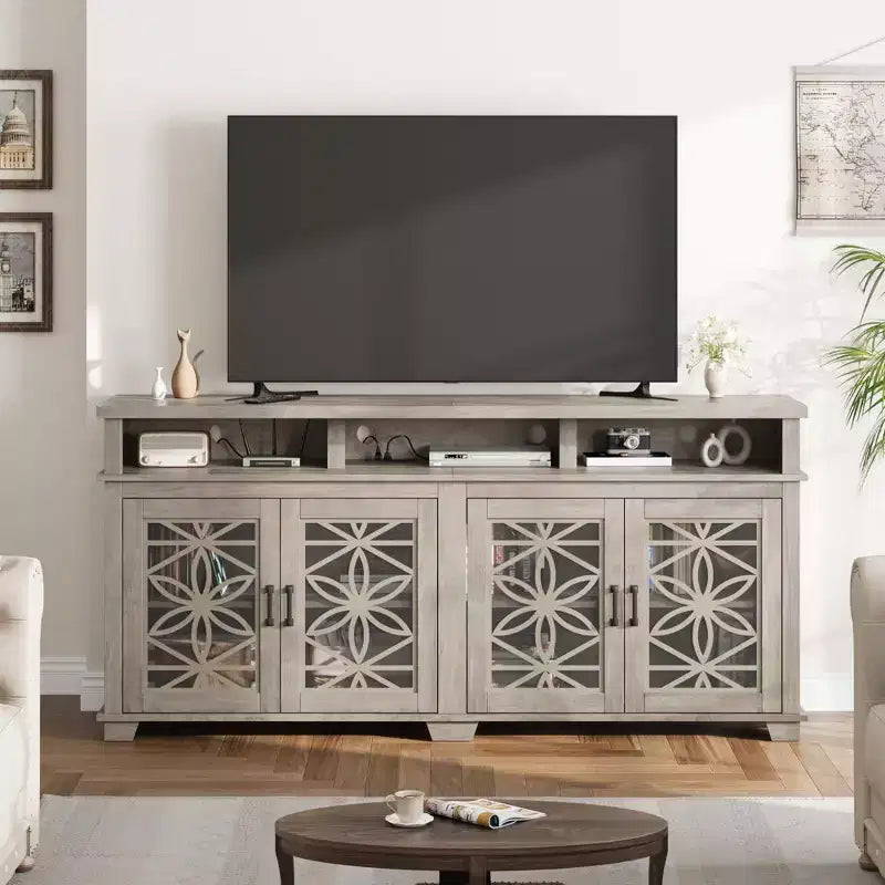 Mid Century Modern Entertainment Center with LED Lights & Glass Doors, Ash Grey Wooden Media Console Cabinet with Storage for Living Room Bedroom
