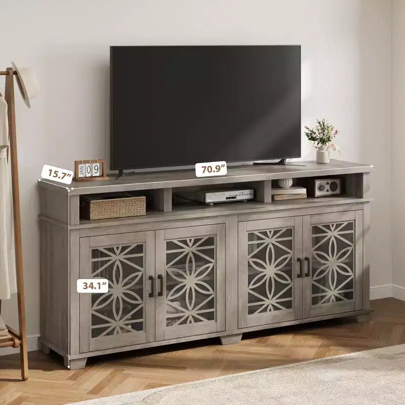 Mid Century Modern Entertainment Center with LED Lights & Glass Doors, Ash Grey Wooden Media Console Cabinet with Storage for Living Room Bedroom