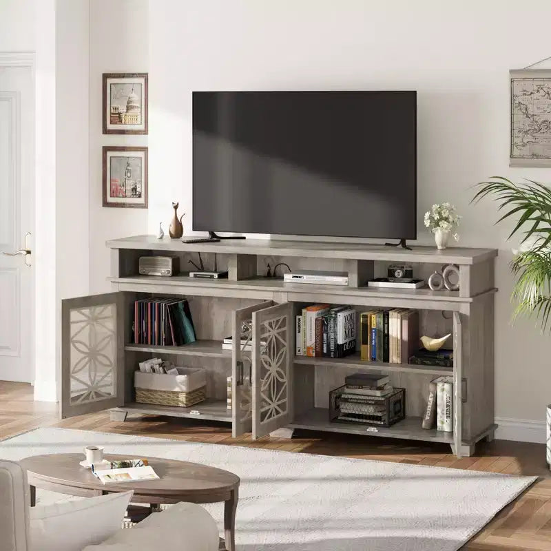 Mid Century Modern Entertainment Center with LED Lights & Glass Doors, Ash Grey Wooden Media Console Cabinet with Storage for Living Room Bedroom