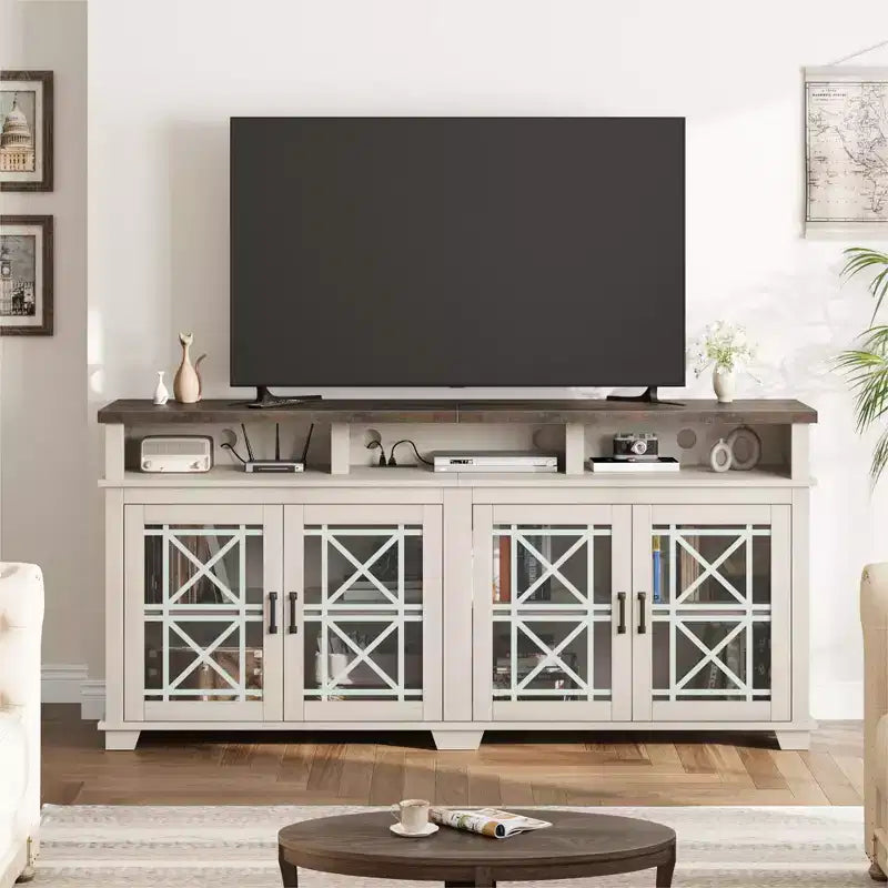 Mid Century Modern Entertainment Center with LED Lights & Glass Doors, Ash Grey Wooden Media Console Cabinet with Storage for Living Room Bedroom