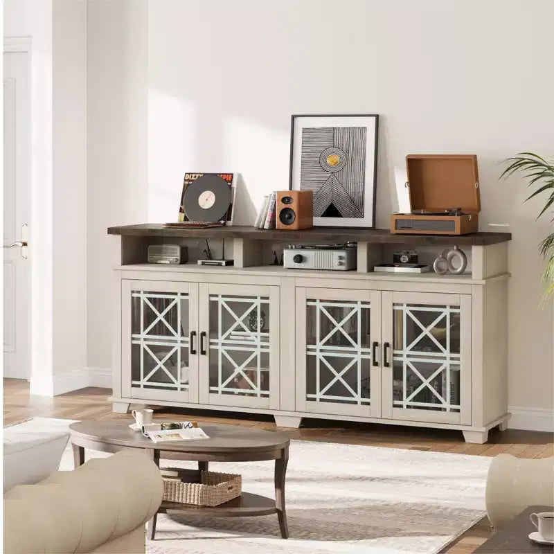 Mid Century Modern Entertainment Center with LED Lights & Glass Doors, Ash Grey Wooden Media Console Cabinet with Storage for Living Room Bedroom