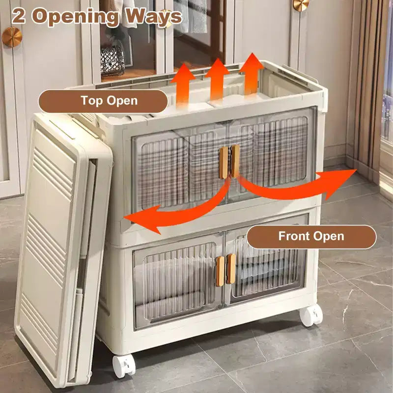 Large Collapsible Storage Bin, Foldable Plastic Storage Organizer with 360 Wheels for Bedroom Living Room Office, Tool-Free, 2 Opening Ways