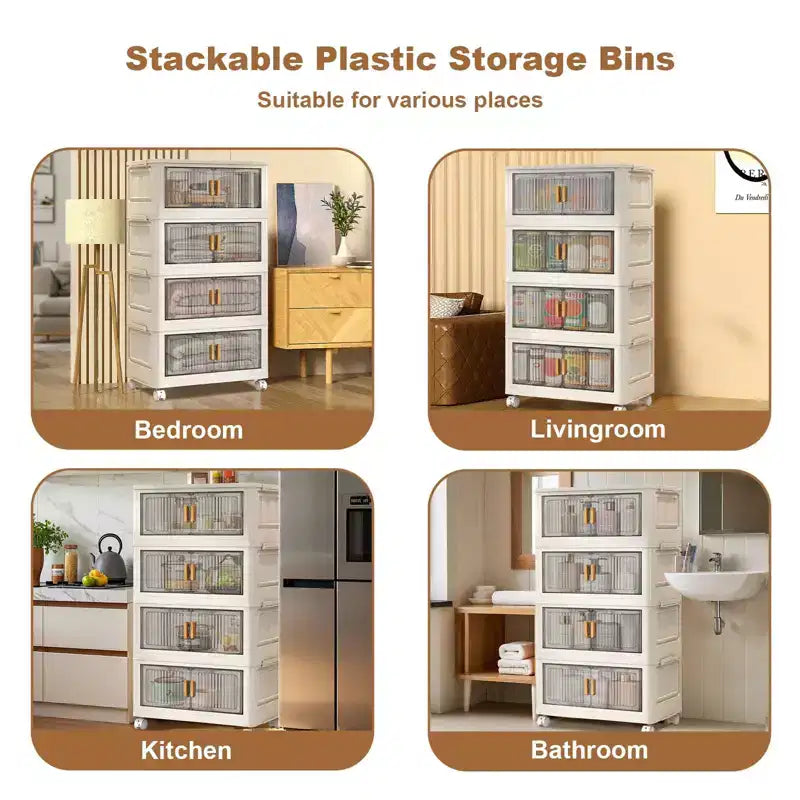 Large Collapsible Storage Bin, Foldable Plastic Storage Organizer with 360 Wheels for Bedroom Living Room Office, Tool-Free, 2 Opening Ways