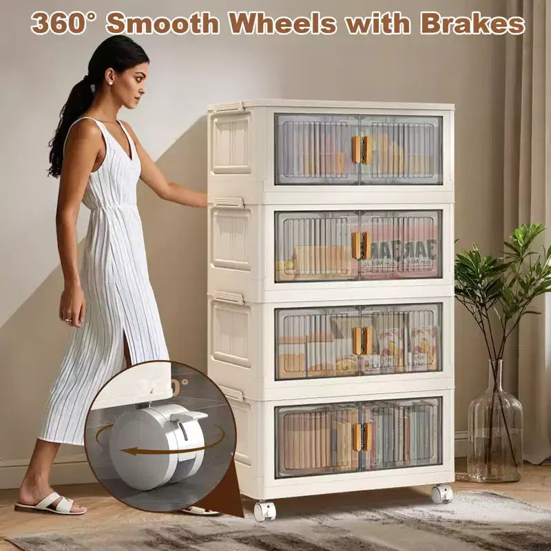 Large Collapsible Storage Bin, Foldable Plastic Storage Organizer with 360 Wheels for Bedroom Living Room Office, Tool-Free, 2 Opening Ways