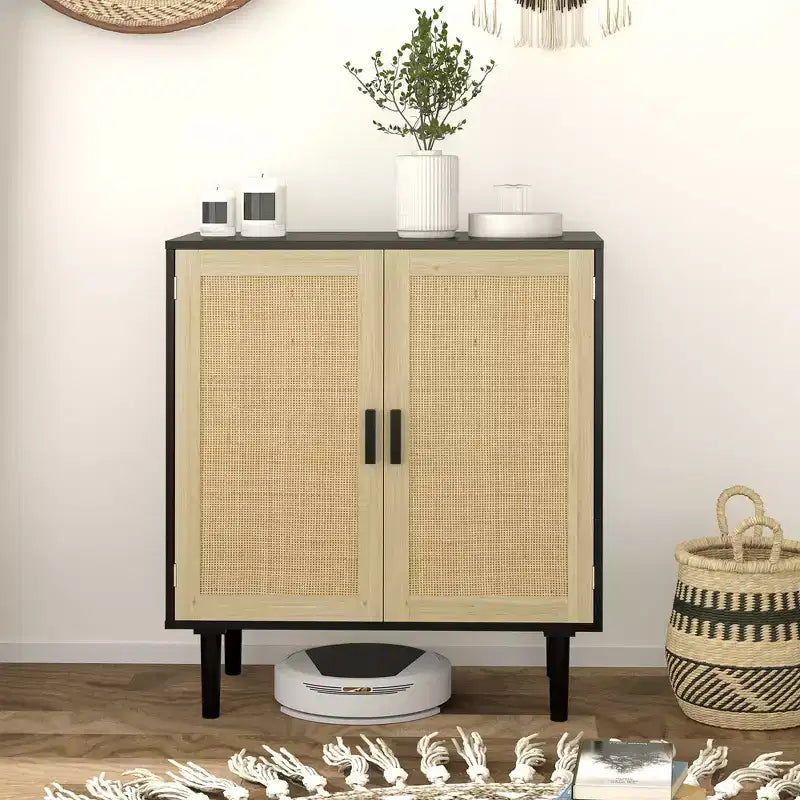 Bohemian Sideboard, 31.5 Buffet Cabinet with 2 Rattan Doors and Shelves for Living Room, Hallway