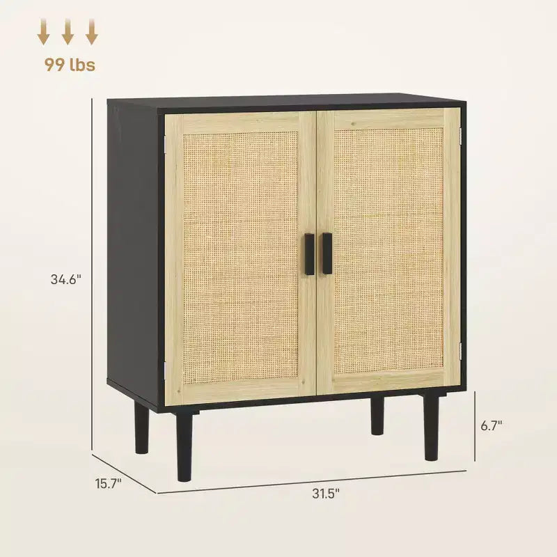 Bohemian Sideboard, 31.5 Buffet Cabinet with 2 Rattan Doors and Shelves for Living Room, Hallway