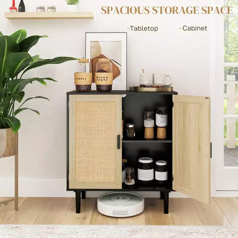 Bohemian Sideboard, 31.5 Buffet Cabinet with 2 Rattan Doors and Shelves for Living Room, Hallway