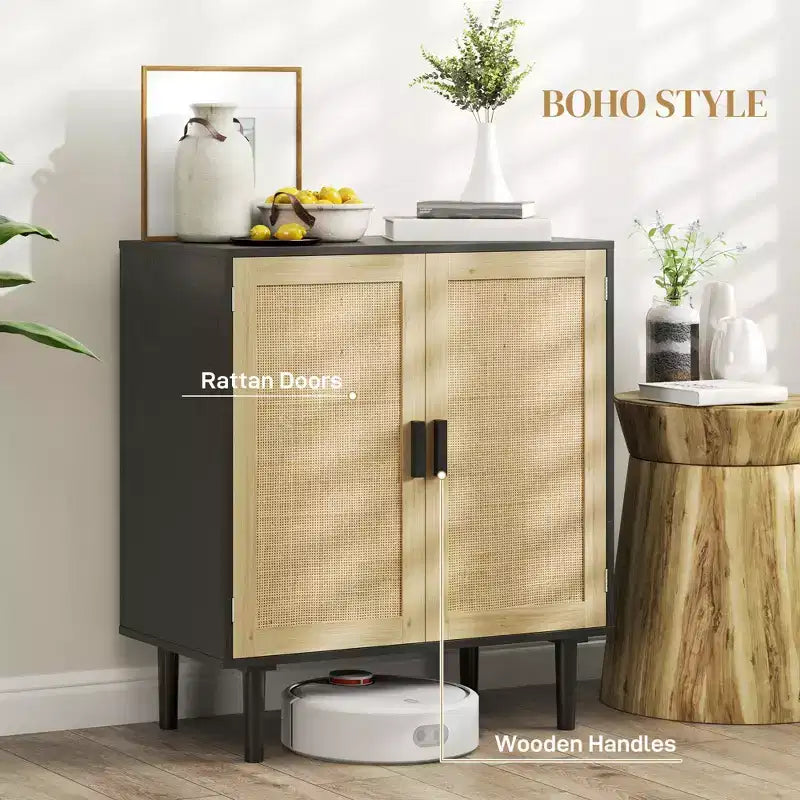Bohemian Sideboard, 31.5 Buffet Cabinet with 2 Rattan Doors and Shelves for Living Room, Hallway