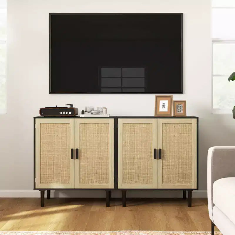 Bohemian Sideboard, 31.5 Buffet Cabinet with 2 Rattan Doors and Shelves for Living Room, Hallway