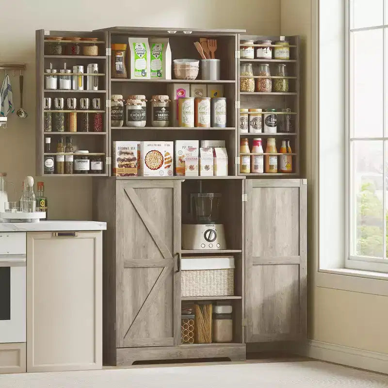 Farmhouse Kitchen Pantry, 72 Tall Pantry Cabinet with 4 Barn Doors, 4 Adjustable Shelves and 8 Door Shelves Wash