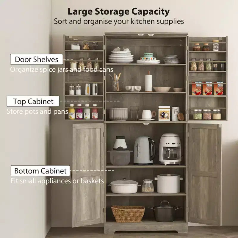 Farmhouse Kitchen Pantry, 72 Tall Pantry Cabinet with 4 Barn Doors, 4 Adjustable Shelves and 8 Door Shelves Wash