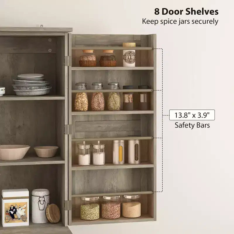 Farmhouse Kitchen Pantry, 72 Tall Pantry Cabinet with 4 Barn Doors, 4 Adjustable Shelves and 8 Door Shelves Wash