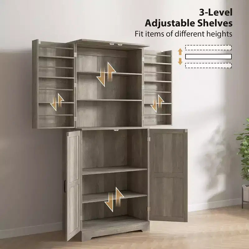 Farmhouse Kitchen Pantry, 72 Tall Pantry Cabinet with 4 Barn Doors, 4 Adjustable Shelves and 8 Door Shelves Wash