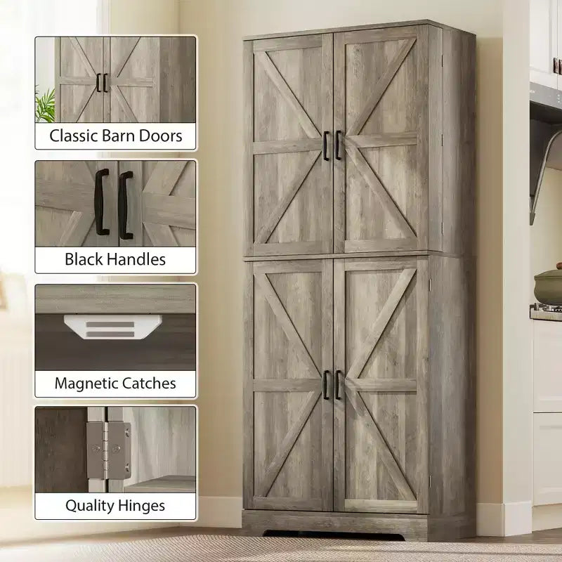 Farmhouse Kitchen Pantry, 72 Tall Pantry Cabinet with 4 Barn Doors, 4 Adjustable Shelves and 8 Door Shelves Wash