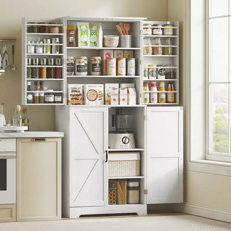 Farmhouse Kitchen Pantry, 72 Tall Pantry Cabinet with 4 Barn Doors, 4 Adjustable Shelves and 8 Door Shelves Wash
