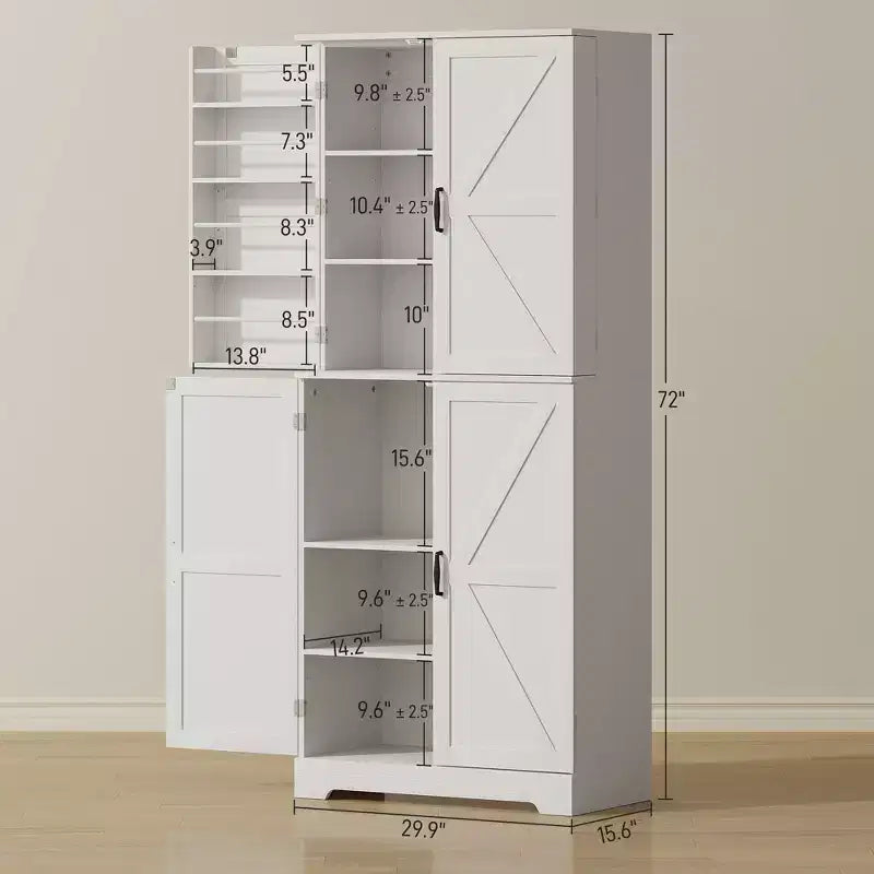 Farmhouse Kitchen Pantry, 72 Tall Pantry Cabinet with 4 Barn Doors, 4 Adjustable Shelves and 8 Door Shelves Wash