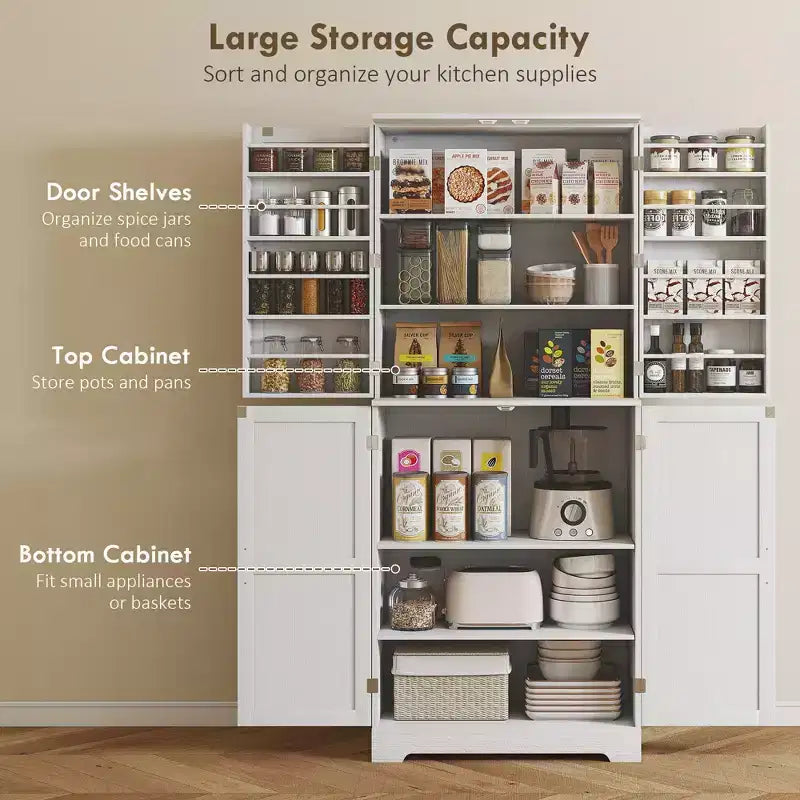 Farmhouse Kitchen Pantry, 72 Tall Pantry Cabinet with 4 Barn Doors, 4 Adjustable Shelves and 8 Door Shelves Wash