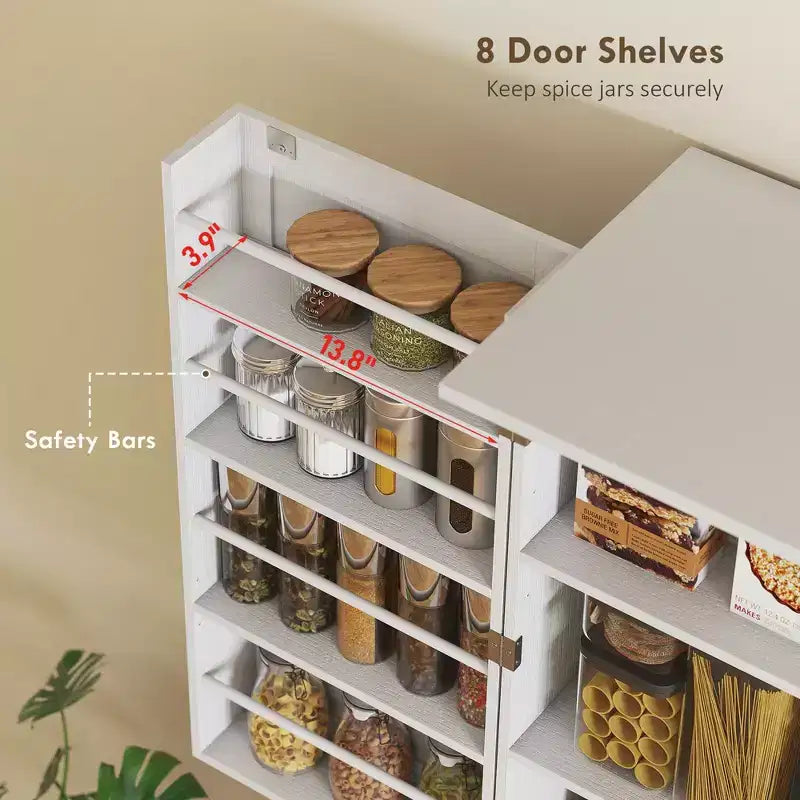 Farmhouse Kitchen Pantry, 72 Tall Pantry Cabinet with 4 Barn Doors, 4 Adjustable Shelves and 8 Door Shelves Wash