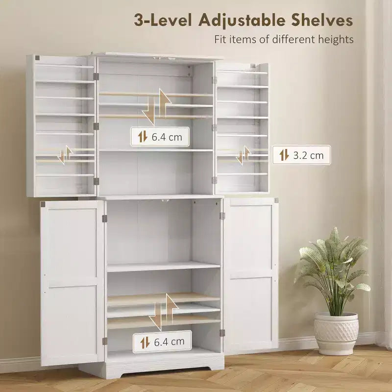 Farmhouse Kitchen Pantry, 72 Tall Pantry Cabinet with 4 Barn Doors, 4 Adjustable Shelves and 8 Door Shelves Wash