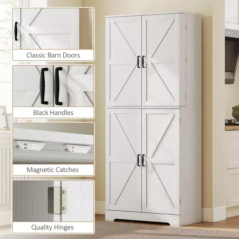 Farmhouse Kitchen Pantry, 72 Tall Pantry Cabinet with 4 Barn Doors, 4 Adjustable Shelves and 8 Door Shelves Wash